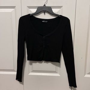SHEIN Black Ribbed Partial Button Front Top